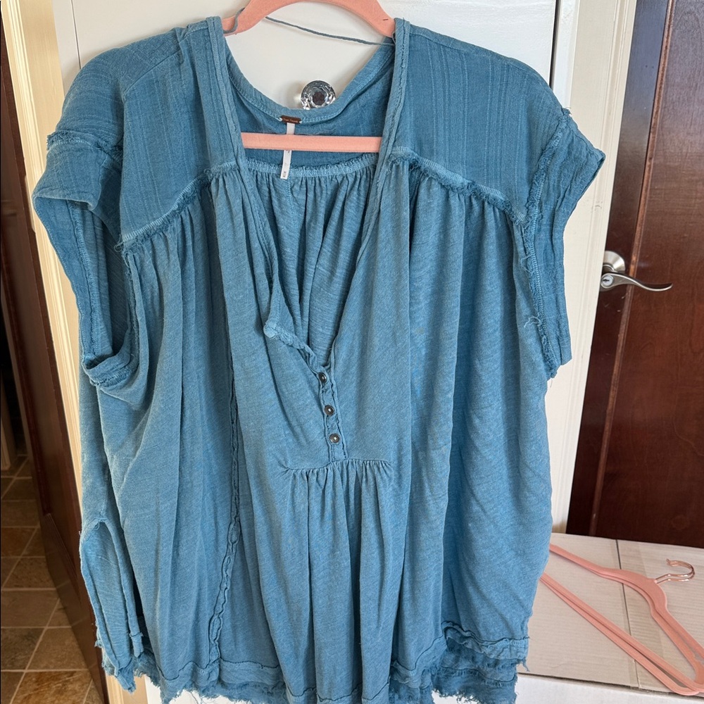 Free People Teal Button-Front Blouse